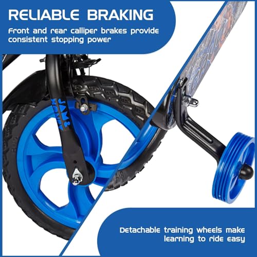 Image of Amazon Brand - Jam & Honey Kids 14T Bicycle | Sturdy Steel Frame | EVA Tyres | Adjustable Seat & Handlebar | Training Wheels | Front Basket | Blue