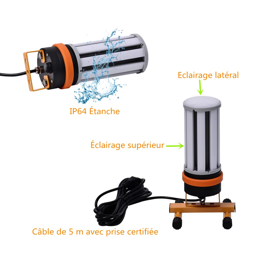 Projecteur Chantier LED 45W, Lampe de Travail Led Portable,Spot Chantier,Ultra-Lumineux 5400LM, Eclairage 360°, IP64 Etanche. (Couverture laiteuse 5400lm)