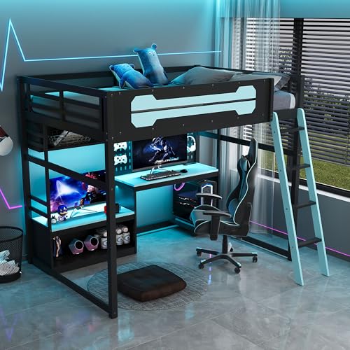 Image of Harper & Bright Designs Full Size Wood Gaming Loft Bed with Desk and Storage Shelves, Modern Low Loft Bed Frame with LED Lights, USB Ports and Pegboard for Kids Teens Adults, Black+Blue
