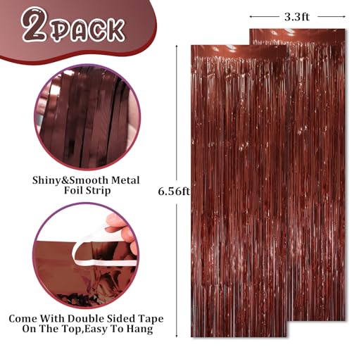 Image of Voircoloria 2 Pack Brown Foil Fringe Backdrop Curtains, Tinsel Streamers Party Decorations, Fringe Backdrop, Door Shimmer for Thanksgiving Day or Birthday Party