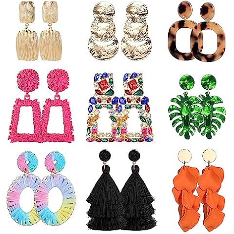 JeryWe 9 Pairs Clip on Earrings for Women Fashion Rattan Acrylic Tassel Drop Dangle Earrings Set Lightweight Geometric Statement Bohemian Clip Earrings for Non Piercied Pink Cover