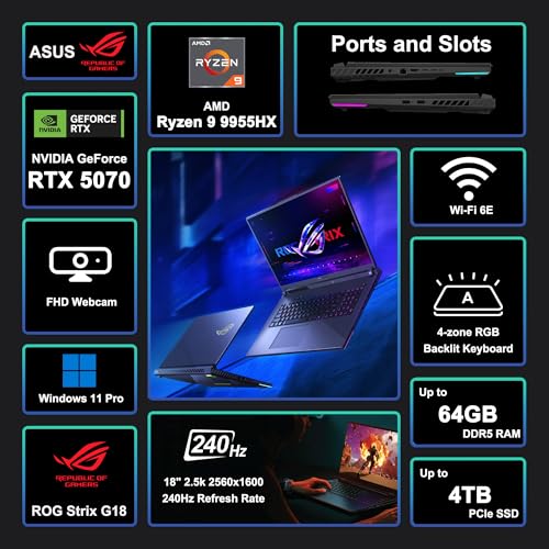 Image of ASUS ROG Strix G18 G814 Gaming Laptop 18 inch 2.5k (2560x1600) 240Hz (100% DCI-P3) AMD 16-core Ryzen 9 9955HX (>i9-14900HX) 64GB DDR5 1TB SSD GeForce RTX 5070 4-Zone RGB Backlit Wi-Fi6E Win11Pro ICP Acc