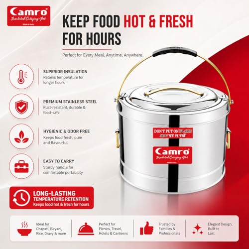 Image of Camro Sambar Pot Stainless Steel 20 Liters | Sambar Container with Lid | Casserole for Cooking | Canteen & Hotel Casserole Container | Picnic HotPot | Biryani Box Puff Insulated Hot & Cold Serving