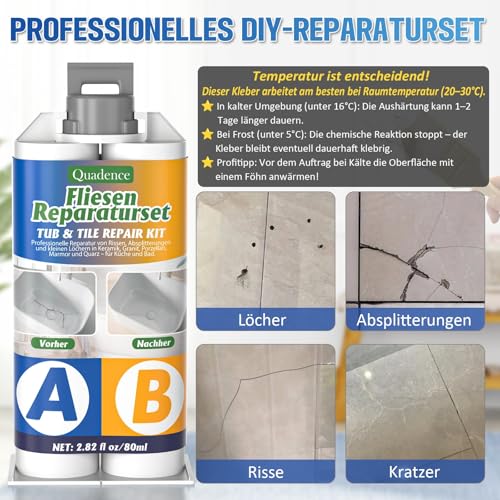Keramik Reparaturset Waschbecken, Quadence Emaille Reparaturset für Porzellan, Keramik, Acryl, von Rissen, Sprüngen und Löchern auf Fliesen/Waschbecken/Duschwanne/Badezimmer (Farbübereinstimmung)
