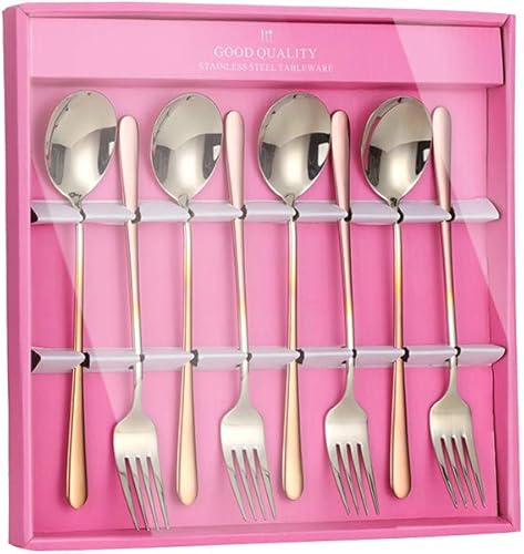 Vista 18 de Buyer Star Juego de cucharas y tenedores de acero inoxidable 18/10, cambio gradual, cuchara y tenedor de mango largo, color degradado, juego