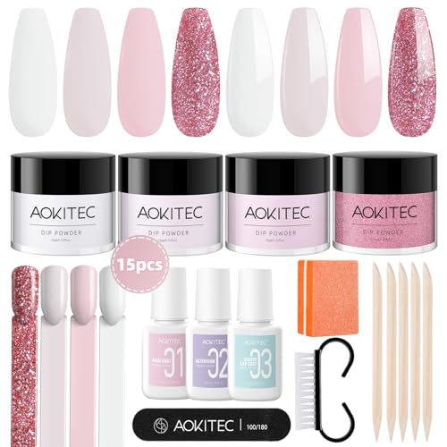 Aokitec 4 colours Dip Powder Nail Kit, White Pink Glitter Nail Dipping Powder Kit with Dip Liquid Base Nail Tools for Nail Art Manicure Starter, No Nail Lamp Needed Nail Kit Gift for Women and Girls