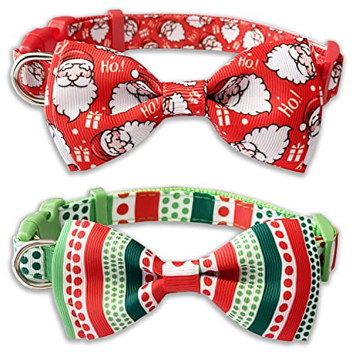 Christmas Dog Collar with Bow Tie, 2 Pack Holiday Santa and Dots Collar