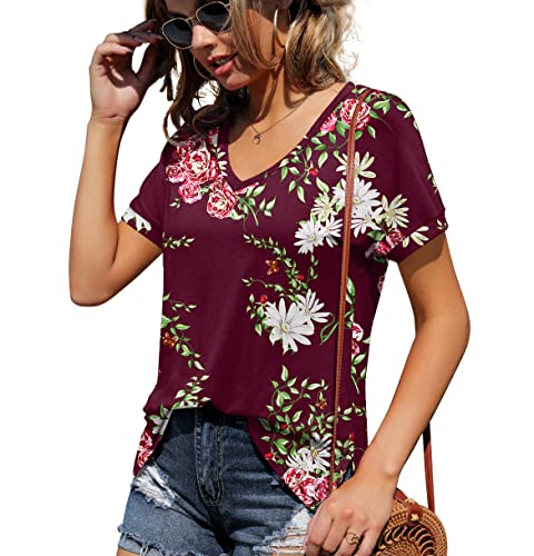 Feiersi Women Short Sleeve Tops Summer Knit Shirts Casual V Neck Tunic Tops Tee Blouse For Women(Floral Wine Red,Medium) #TOP1