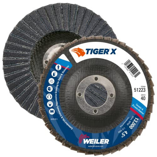 Image of Weiler 51223 Tiger X Flap Disc, Ceramic and Zirconia Alumina, Flat, Phenolic Backing, 40 Grit, 4-1 /2 inch, 7 /8 inch Arbor Hole (Pack of 10)