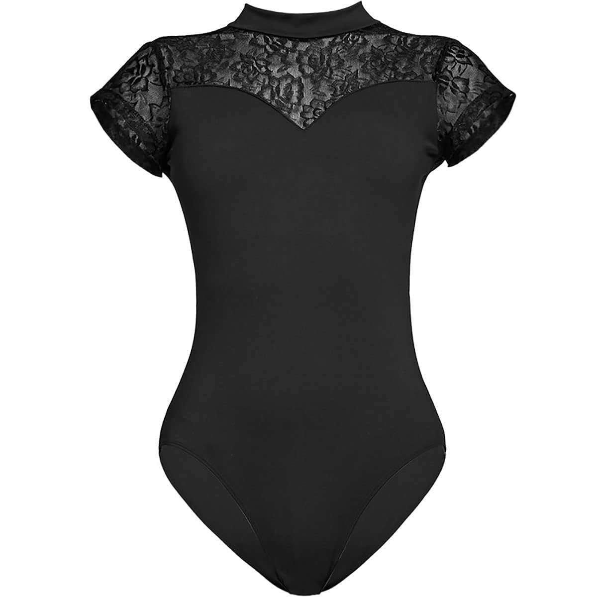 Black Dance Leotard for Women Adult Dance Leotard with Lace Short Sleeve Gymnastics Yoga Dancewear