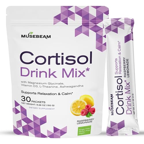 Musebeam Cortisol Calm Drink Powder Mix - Calming Stress Support Packets for Women Men with Ashwagandha Magnesium Glycinate - Relaxing Raspberry Lemonade Flavor for Healthy Cortisol Levels Relax Focus
