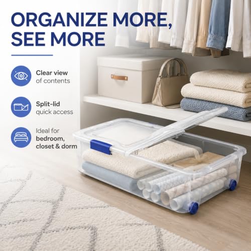 Image of 66 Qt Under Bed Storage Bin with Wheels, Clear Split-Lid Container, Blue