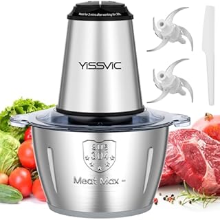 YISSVIC Tritatutto da Cucina Elettrico 2L, 500W, 2 Velocità, 2×4 Lame, Ciotola in Acciaio Inox, Anello Antiscivolo, Lavabile in Lavastoviglie, per Frutta Verdura Carne Spezie