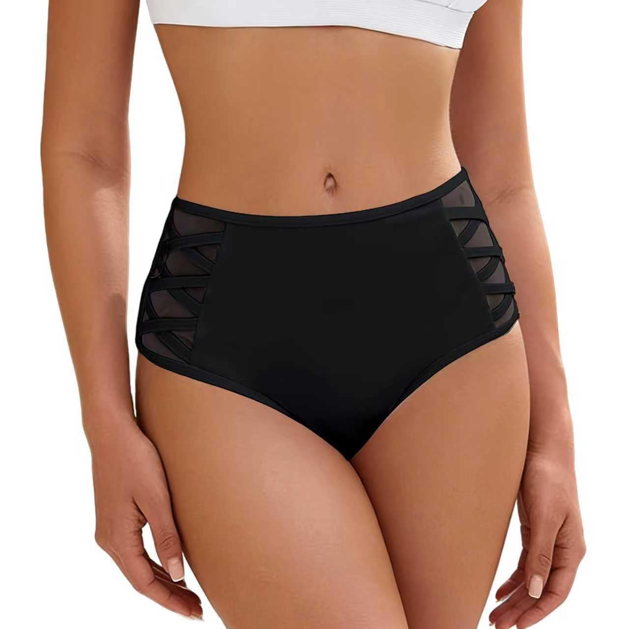 Women's High Waist Bikini Panties with Mesh Design on the Sides Elegant Tankini Bottoms, Comfortable Swimsuit, Perfect for Beach Vacation