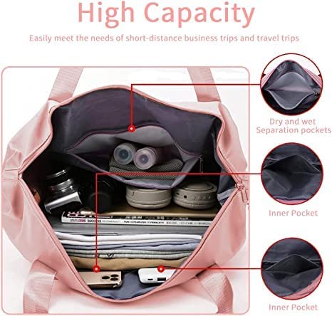 Image of HAKKU Large Capacity Folding Travel Tote Bag, Oxford Fabric Waterproof Lightweight Foldable Travel Duffel Bag Portable Expandable Travel Bag, Dry and Wet Carry On Bag (Modern, Peach)