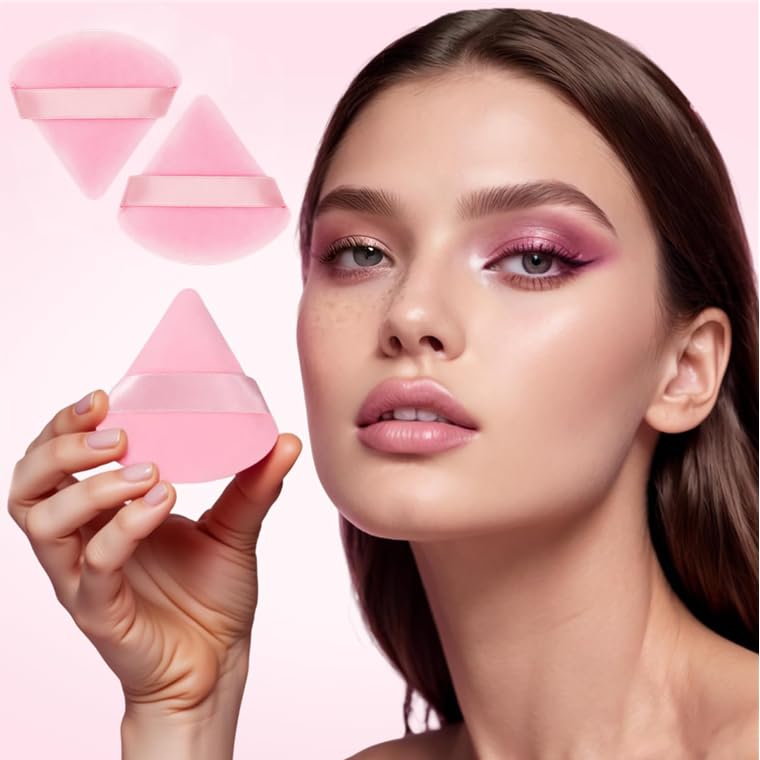 2Pcs Triangle Powder Puff For Face Soft Velour Makeup Loose Mineral Sponge Foundation Blender Wet And Dry Use Setting Too (Pink)