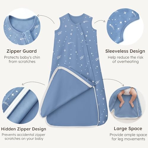 Image of Baby Sleep Sack 0-6 Months 0.5 Tog Baby Wearable Blanket 100% Cotton Sleeping Sack with 2-Way Zipper for Newborn Infant Dark Blue Planet