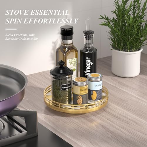 Image of 9 Inch Gold Lazy Susan Turntable Organizer, Kitchen Counter Spice Rack Organizer, Rotating Seasoning Tray for Cabinet Pantry, Farmhouse Round Decorative Serving Tray with Guard Rail