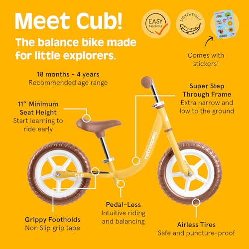 Image of Retrospec Cub Toddler Balance Bike for Ages 18 Months - 3 Years - 12in No-Pedal Beginner Bicycle with Adjustable Seat, Puncture-Proof Tires & Safe Low Frame Design