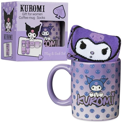 Get Trend Hello Kitty Sanrio Mug et Chaussettes Coffret Cadeau Femme et Ado, Tasse Céramique 340ml, Chaussettes Colorées Kuromi Cinnamoroll (Violet Kuromi)