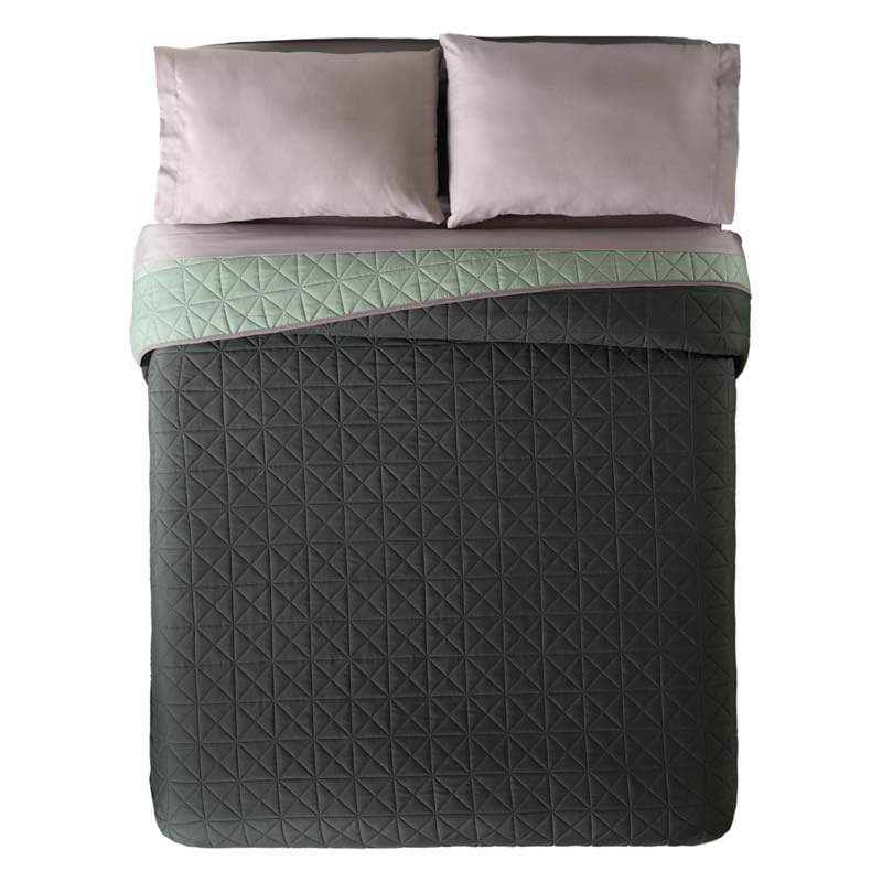 Vianney Novo Twin Comforter, Olive Bedding, Reversible Lightweight Blanket in Dark Olive Green and Light Sage Green with Triangular Quilt Pattern, 71”x93”