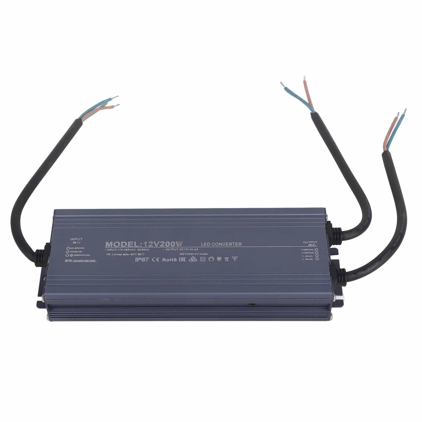 Wodoodporny Zasilacz 200W IP67 o Stałym Napięciu (12 V) | Obudowa ze Stopu Aluminium, Sterownik LED do Pasków i Szyldów, Przewód Zasilający z Rdzeniem Miedzianym, Kamery i Sprzęt