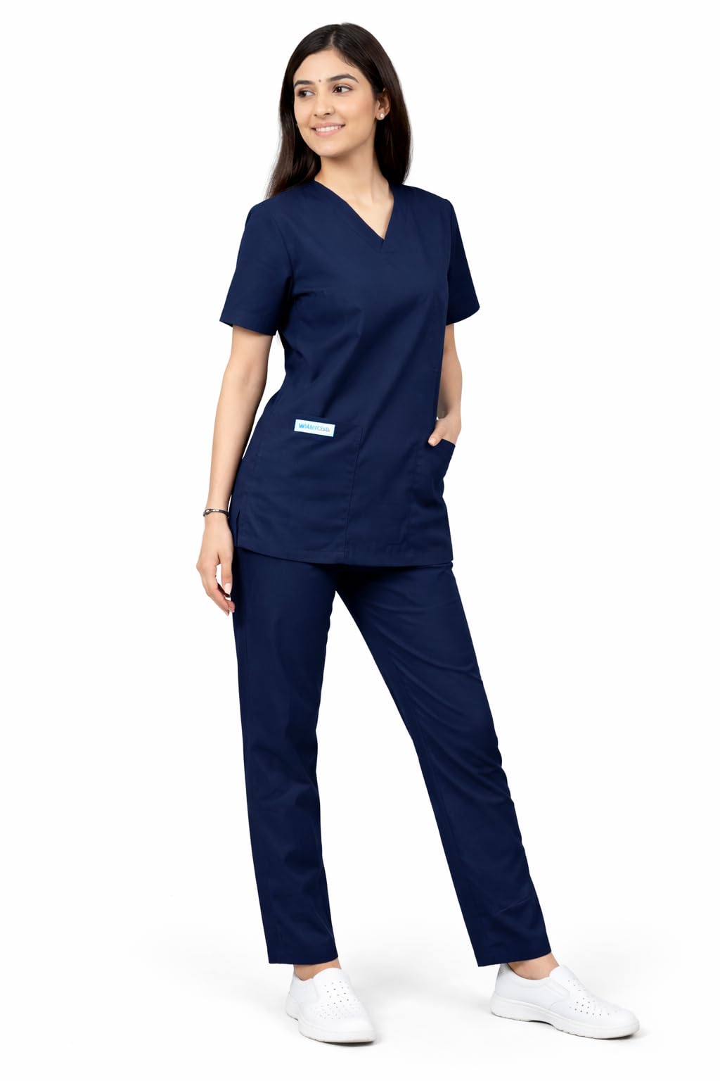 Unisex Medical Scrub Suit Set, Navy Blue, V-Neck Top with Pants, Short Sleeve, Professional Healthcare Uniform with Pockets