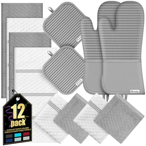 Oven Mitts Kitchen Towels and Dishcloths with Pot Holders Sets, Oven Gloves Hot Pads 500°F Heat Resistant with Silicone Grip, Include 2 Cooking Gloves/2 Potholders/4 Kitchen Towels/4 Dish Towels-Gray