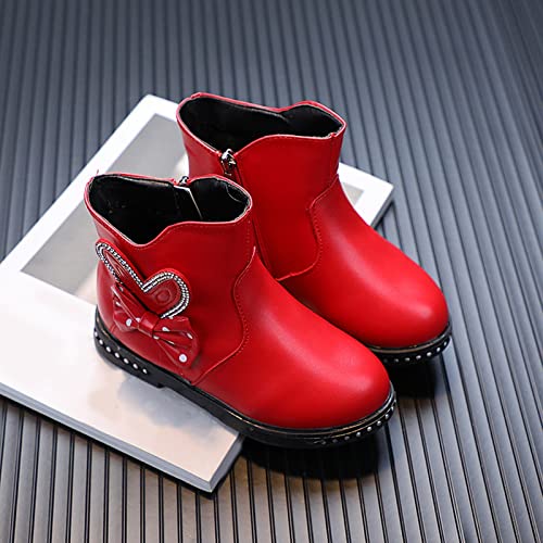 Fashion Winter Girls Booties Low Heel Flat Bottom Non Slip Rhinestone Bowknot Side Zipper Comfortable Girl Boots (Red, 11-11.5 Years Big Kids)2