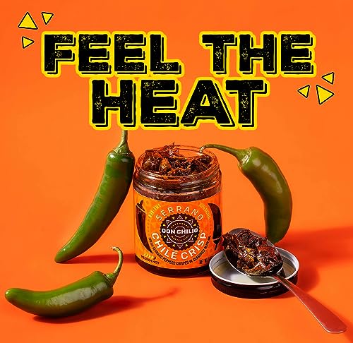 Don Chilio Medium Heat Serrano Mexican Chile Crisp, 5 oz. – Crunchy Sliced Serrano Fried Chili Peppers in Hot Seasoned 100% Olive Oil – Keto-Friendly, Vegan, Gluten Free