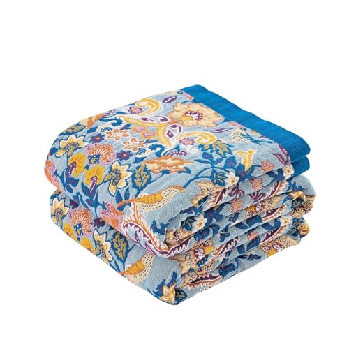 Image of XIBLC Boho Throw Blanket for Bed, 100% Cotton Soft Rustic Quilt Fall Blanket, 90 inchx98 inch Floral Printed Farmhouse Decor Bed Blankets, All Season Rustic Reversible Bohemian Throw Quilt