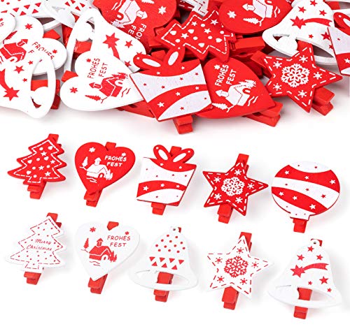 Adorfine 50 pinzas de madera de Navidad rojas y blancas, con diseño de Navidad y copos de nieve, con forma de corazón, para tarjetas de nombre, fotos, manualidades, decoración de Navidad Cover
