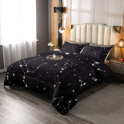 Galaxy Comforter Full Size for Kids Girls Boys Outer Space Starry Sky Comforter Set Teens Constellation Twinkle Stars Bedding Set Microfiber Super Soft Black White Milky Way Bed Set with Com