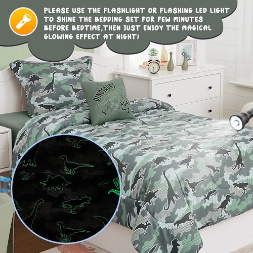 Twin Comforter Set for Boys-3 Pieces Glow in The Dark Dinosaur Twin XL Bedding Set with 1 Comforter, 1 Decor Pillow, 1 Pillow Sham