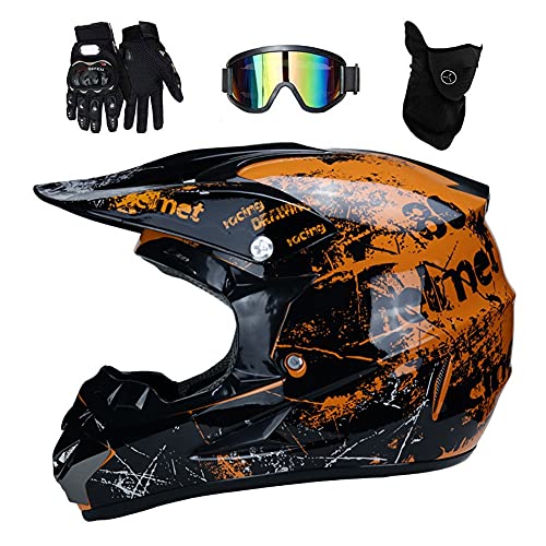 Jugend Kinder MTB Motocross Helm, Dual Sport Integral Offroad Motorrad ATV Scooter Crash Helme, Downhill Quad Dirtbike Enduro Racing Helm, mit Brille Handschuhe Maske(Orange,S/52-53CM)
