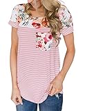 Ezcosplay Women Round Neck Short Sleeve Floral Print Striped Tops Tee with Pocket