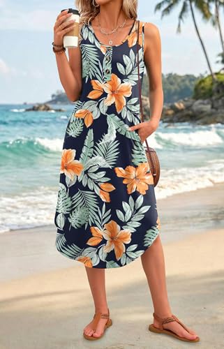 Image of WIHOLL Summer Dresses for Women 2026 Button Front Sleeveless Casual Midi Dress Beach Vacation Sundresses with Pockets