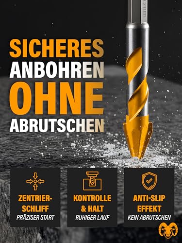 RAMMBOCK® Keramikbohrer Set (5 Stück) - Ideal für Keramik, Feinsteinzeug, Fliesen & Mehr I Karbid-Bohrer für präzises Bohren I Fliesenbohrer in 5mm, 6mm, 8mm, 10mm, 12mm I Feinsteinzeug Bohrer