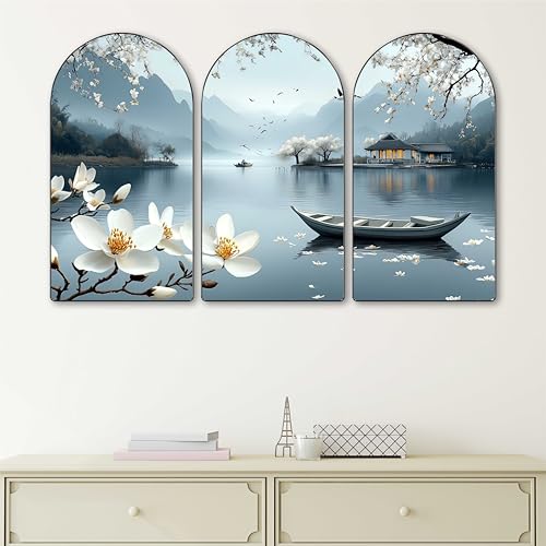 Image of Livin'luxe Serene Lake View Wall Painting | Set of 3 MDF Panel Lotus Flower & Boat Artwork | Scenic Landscape Wall Art for Living Room, Bedroom, Hallway & Office Decor (20 x 30 Inch) RPNS-23