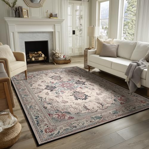 Area Rug 5x7 for Living Room, Beige Traditional Boho Faux