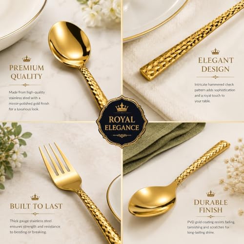 Image of Premium Stainless Steel, 25-Piece Cutlery Set for Kitchen & Table (6 Dessert Table Spoons, 6 Forks, 6 Tea Spoons, 6 Soup Spoons, 1 Storage Stand) (25, Golden)