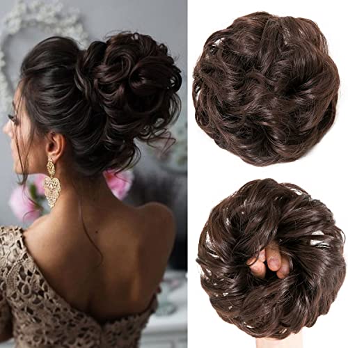 2PCS Messy Bun Hair Piece Hair Bun Extension Updo Hairpieces for Women Curly Wavy Hair Extension Messy Bun Hair Piece Chignon Synthetic Fake Hair Scrunchies Updo Hairpieces for Daily (Medium Brown #4)