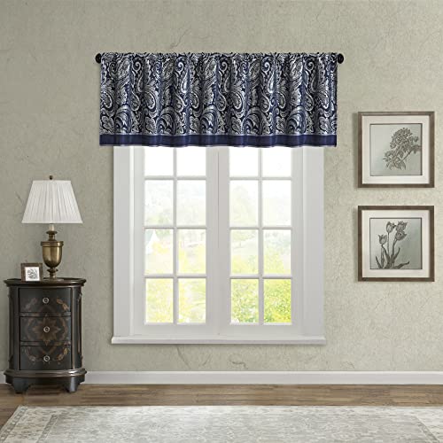 Madison Park Aubrey Faux Silk Paisley Jacquard, Rod Pocket Curtain With Privacy Lining For Living Room, Kitchen, Bedroom And Dorm, 50 In X 18 In, Navy Valance #TOP5