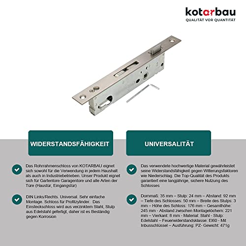 KOTARBAU® Rohrrahmenschloss 92 mm Dornmaß 35 mm Edelstahl Einsteckschloss Türschloss Schloss Schlosseinsatz für Profilzylinder Links/Rechts (35 mm)