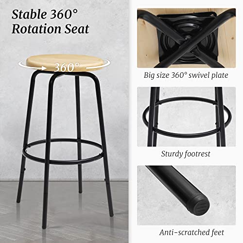 Cozyman Swivel Bar Height Stools, Backless Farmhouse Counter Adjustable-Height(26"/30") Industrial Barstool With Footrest, Set Of 2 Solid Wood Swivel Chair For Kitchen, Dining Room, Bar, Wood Color #TOP2