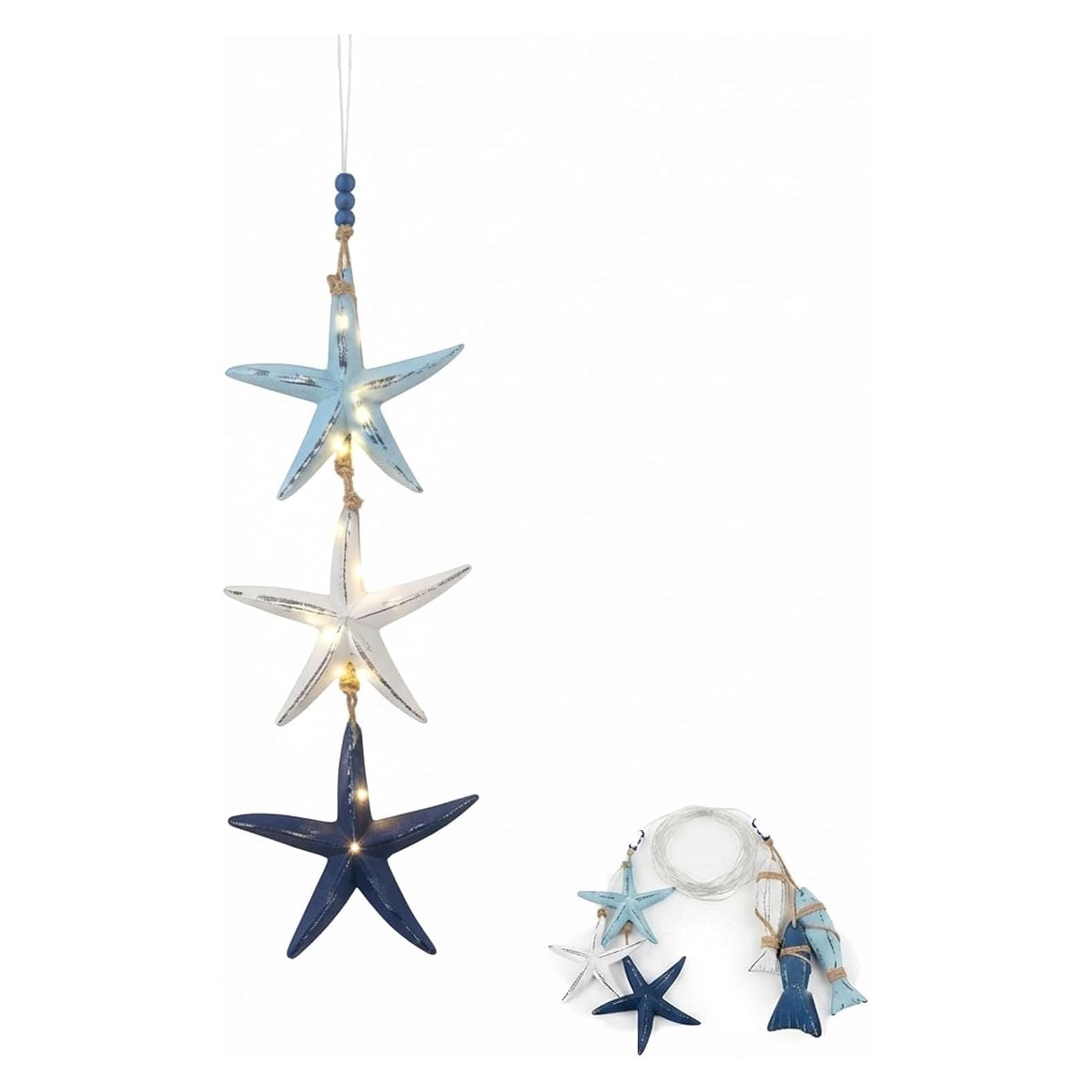 HOUKUNKA Lighted Coastal Wooden Starfish & Fish Hanging Decor, Lighted Wooden Fish & Starfish Wall Decor – Beachy Wall Decors with Warm LED, Coastal Nautical Hanging Decors (#A)