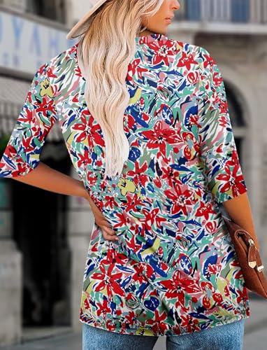 KISSMODA Tunic Tops for Women Loose Fit Dressy Round Neck Pleated 3/4 Length Sleeve Spring Tops