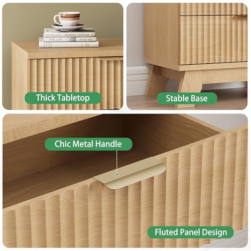 Fluted Nightstand, 24" Wide Side Table with 3 Large Storage Drawers, Mid Century Modern Wood Night Stand with Metal Handle, Wooden Bedside End Table for Bedroom, Living Room, Closet, Natural Oak - Image 4