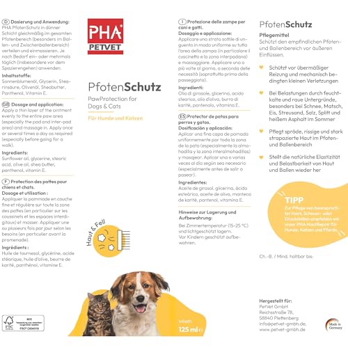 PHA PfotenSchutz für Hund & Katze, pflegt & schützt Pfoten & Ballen vor Kälte, Schnee & Streusalz, mit Sheabutter & Panthenol, Pfotensalbe zur Pfotenpflege für Hunde und Katzen, 125 ml