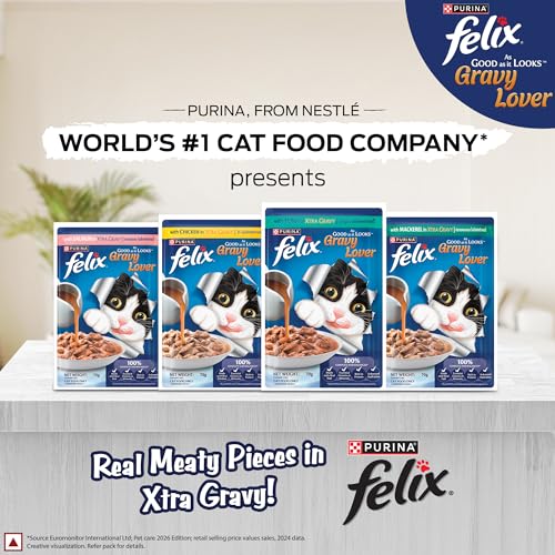 Image of Purina Felix Gravy Lover, Tasty & Real Meaty Chicken Chunks, Wet Cat Food, Balanced Nutrition, 24 Months, Pack of 12 Pouches (12x70g)